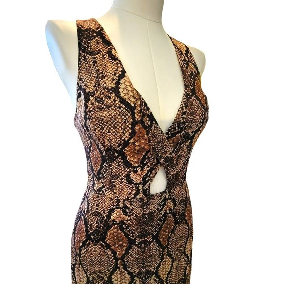 Bebe x Naven Dress Brown Black Faux Snakeskin Bodycon Deep V Mini Size 8 VR607 - Picture 9 of 11